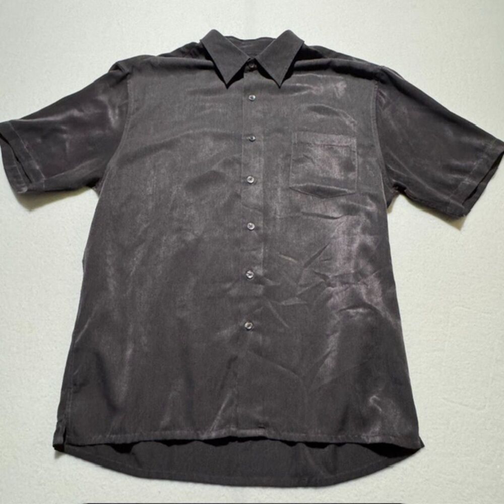 Sinio Mens Black Silky Micro Textured Short Sleeve Button Up Shirt XL